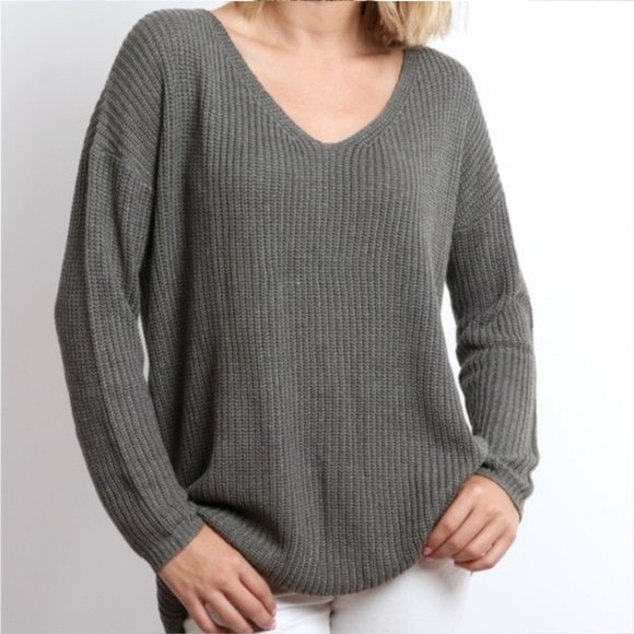 Lace Up Back Sweater Top - Grey - Picture 3 of 5